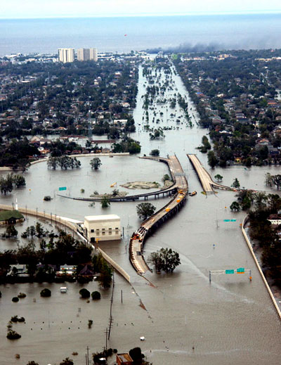 A freeway is submerged by the flood