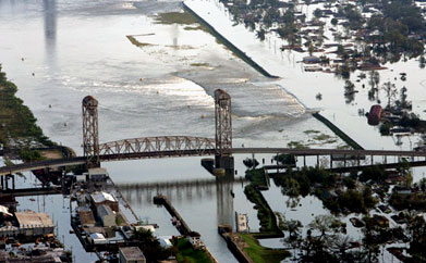 The levee break (middle right) allowed water from Lake Pontchartrain to flood New Orleans