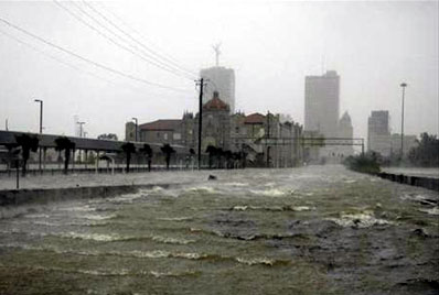 The strong winds of Hurricane Katrina cause waves in the floodwater