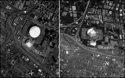 Aerial View of Superdome Before and After Hurricane Katrina